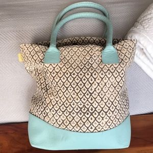 JOYN brand. Baby blue and brown handbag.